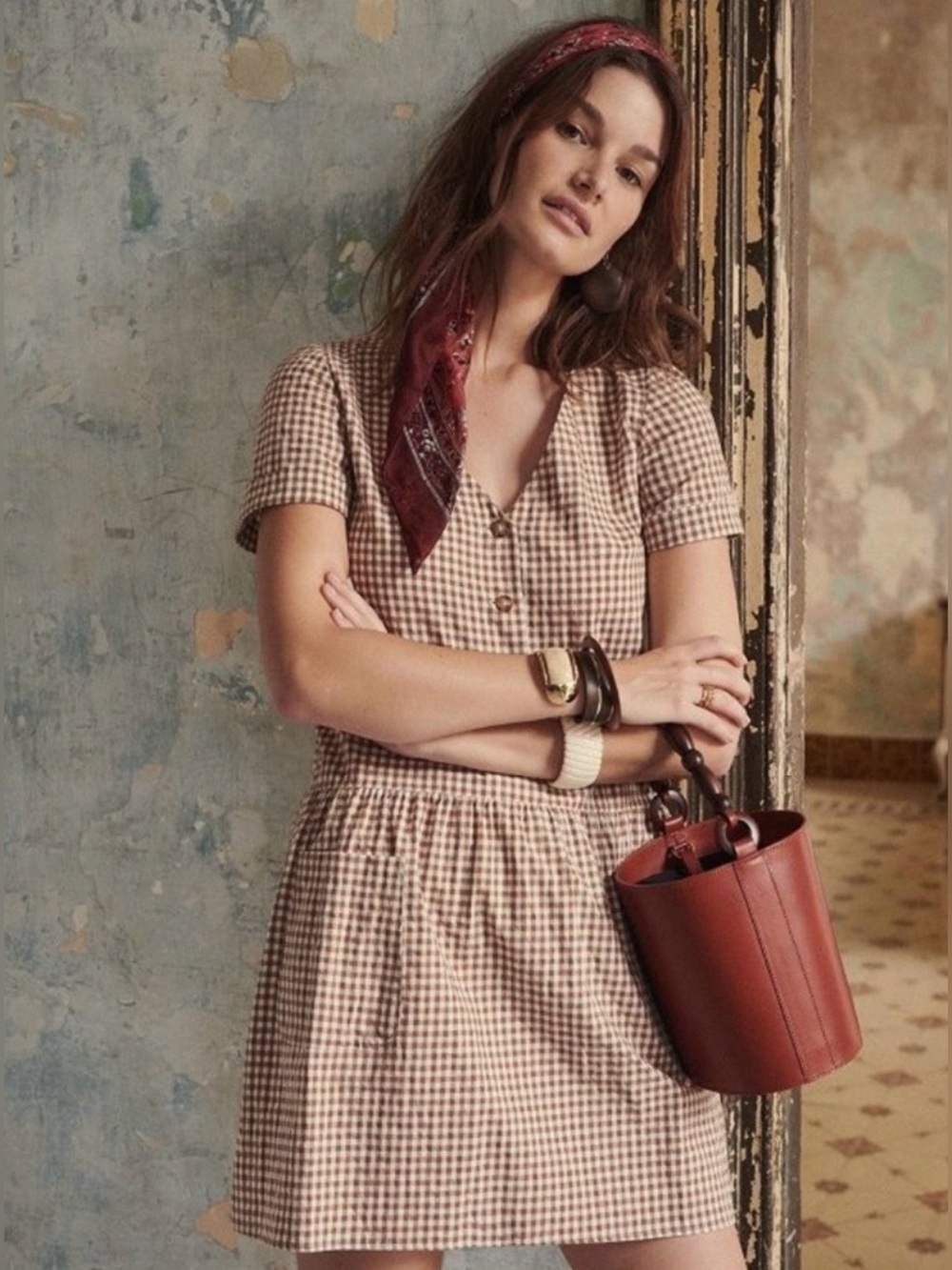 Sezane Lena Dress In Ecru Mocha Gingham FR 44 / US 12